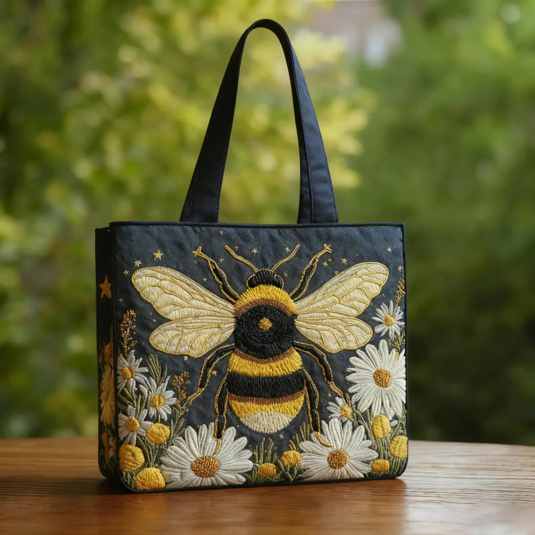 Bee with Daisies & Stars quilted tote bag