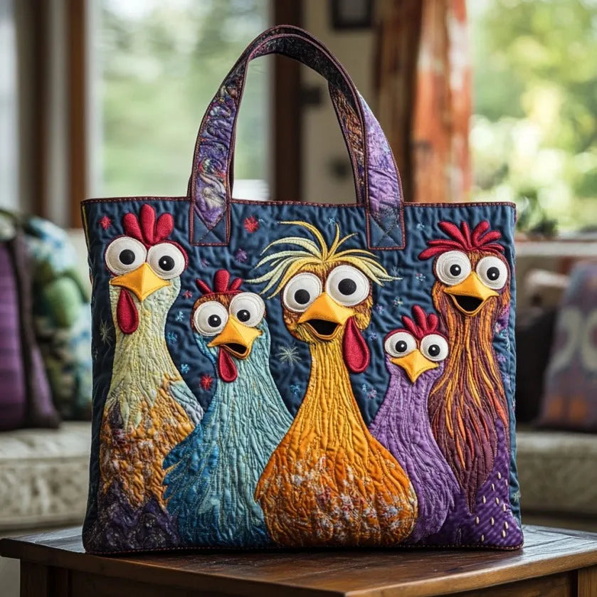Five Colorful Chickens quilted tote bag