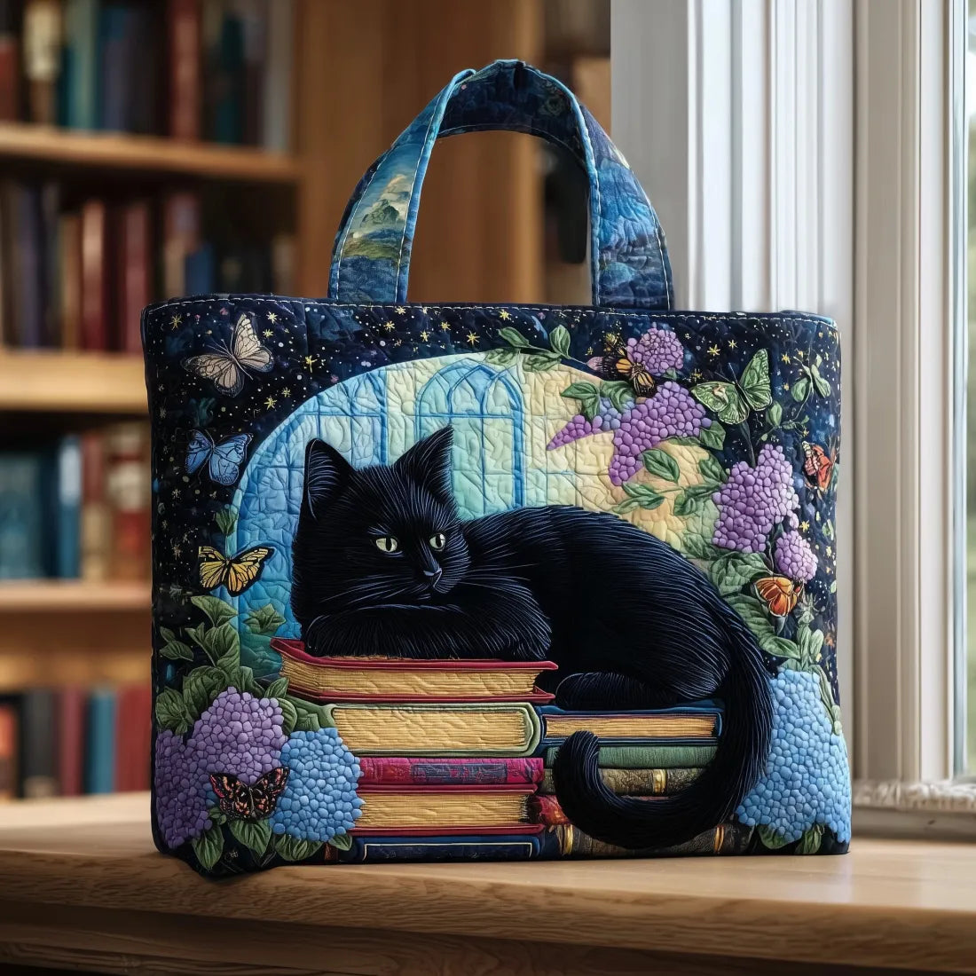Black Cat on Books quilted tote bag