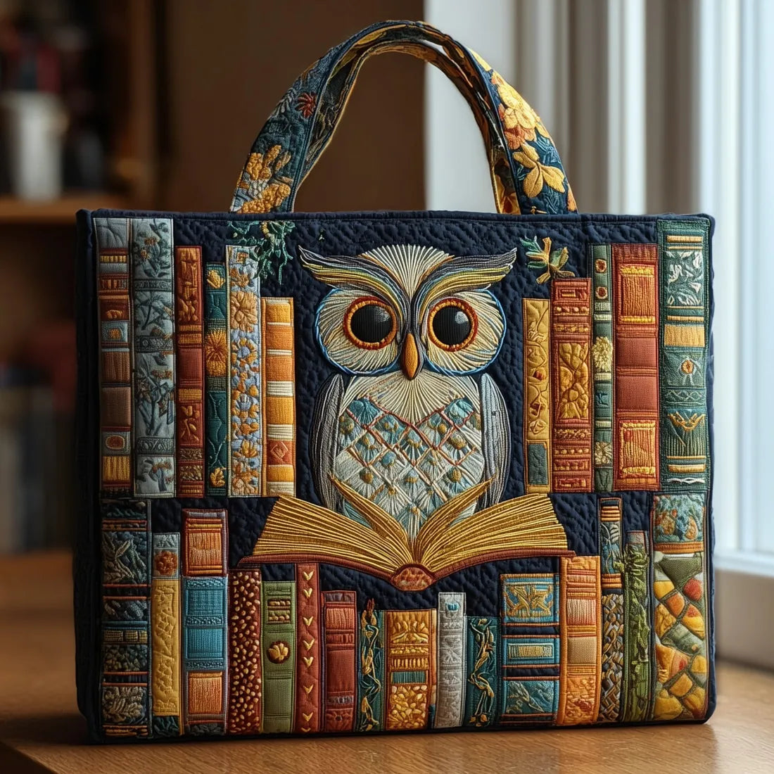 Owl & Vintage Books quilted tote bag