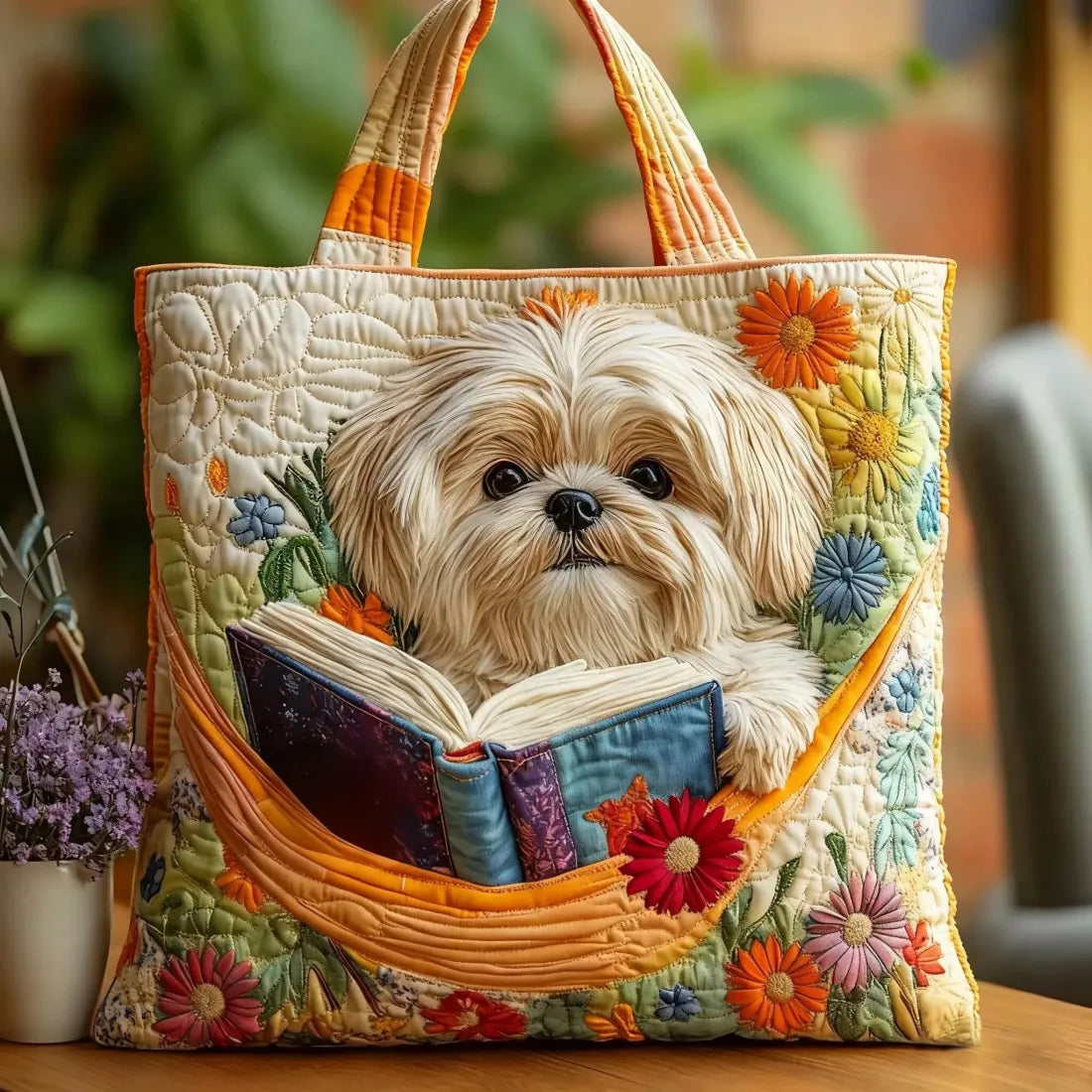 Shih Tzu with Books & Flowers quilted tote bag