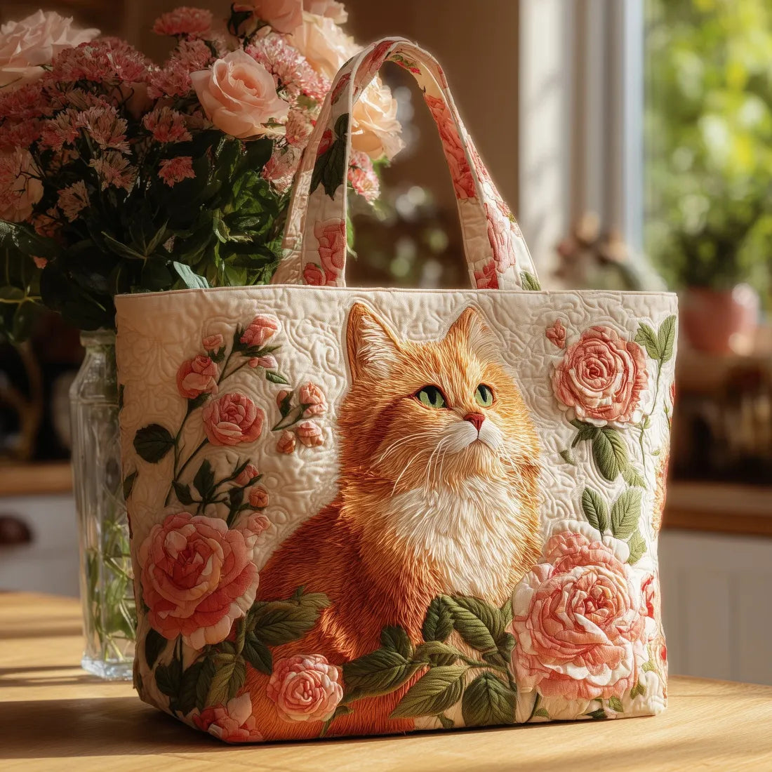 Orange Cat with Roses quilted tote bag