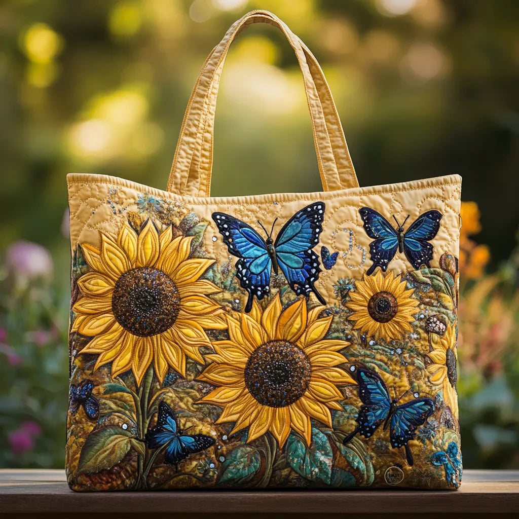 Sunflowers & Blue Butterflies quilted tote bag