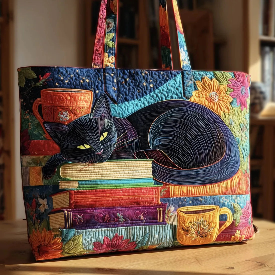 Black Cat with Books & Mugs quilted tote bag