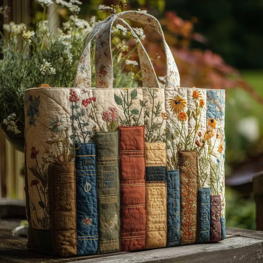 Books & Flowers quilted tote bag