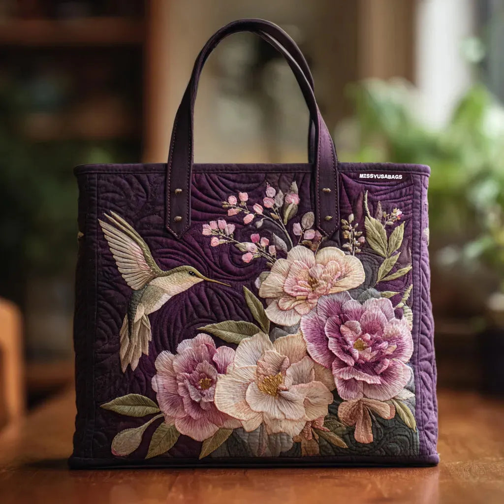 Hummingbirds & Orchids quilted tote bag