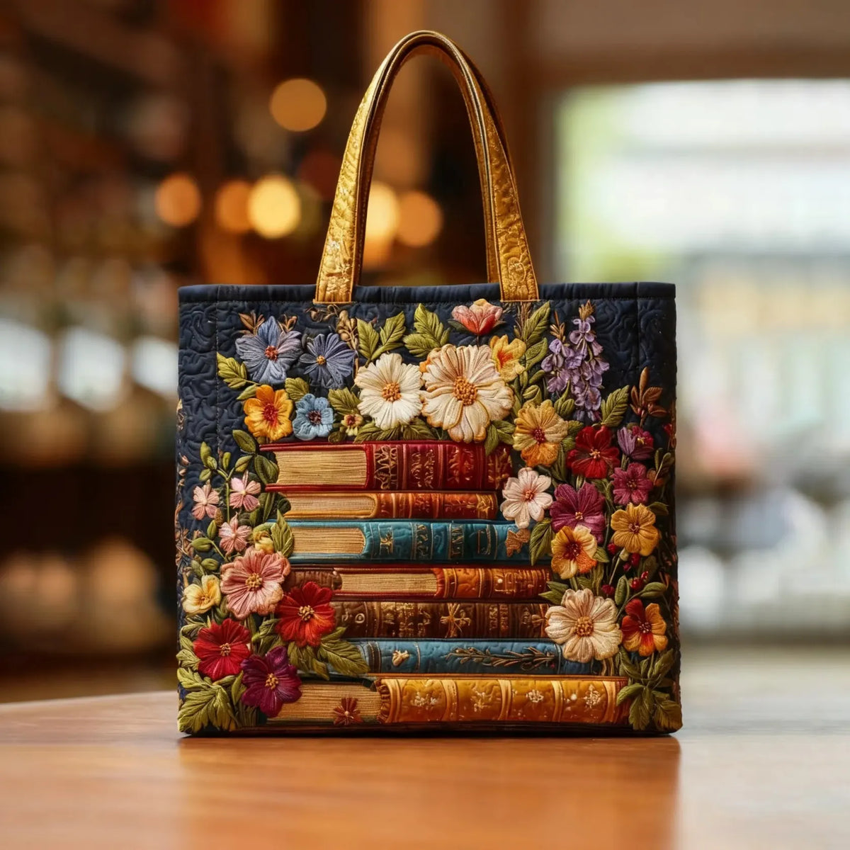 Floral Print & Books quilted tote bag