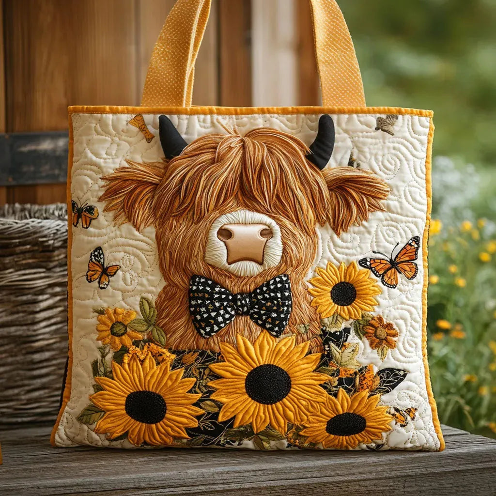 Highland Cow & Sunflowers quilted tote bag