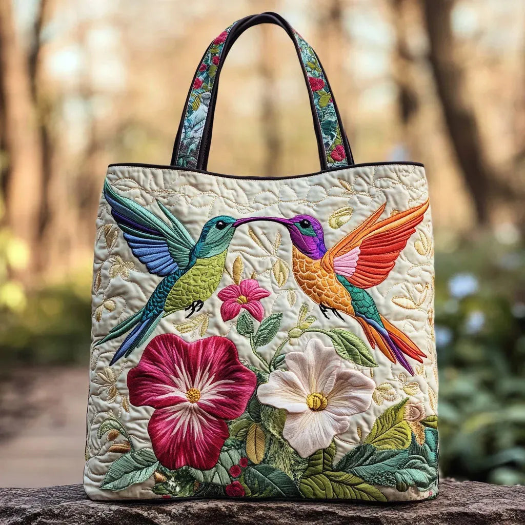 Hummingbird & White Flowers quilted tote bag