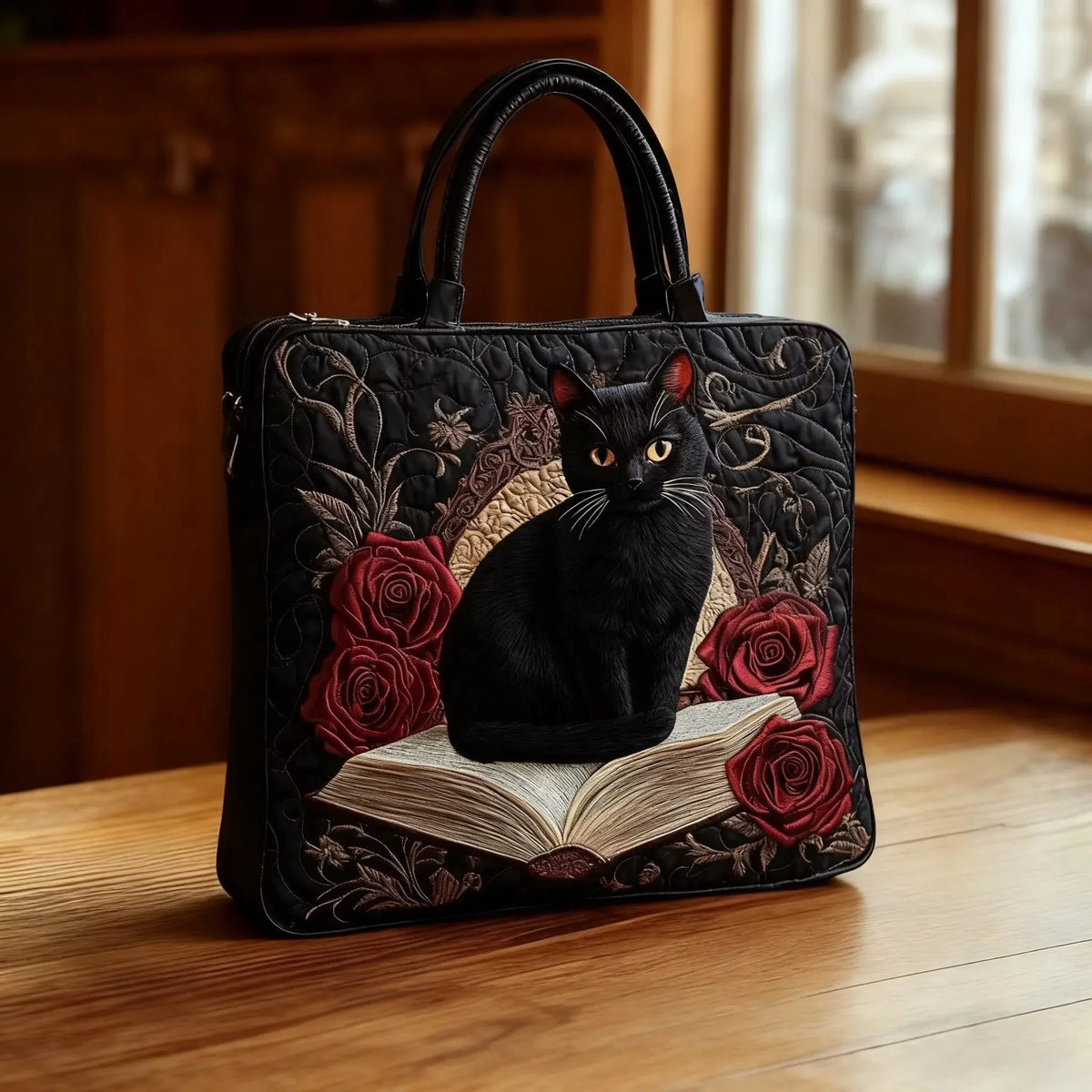 Black Cat Library quilted tote bag
