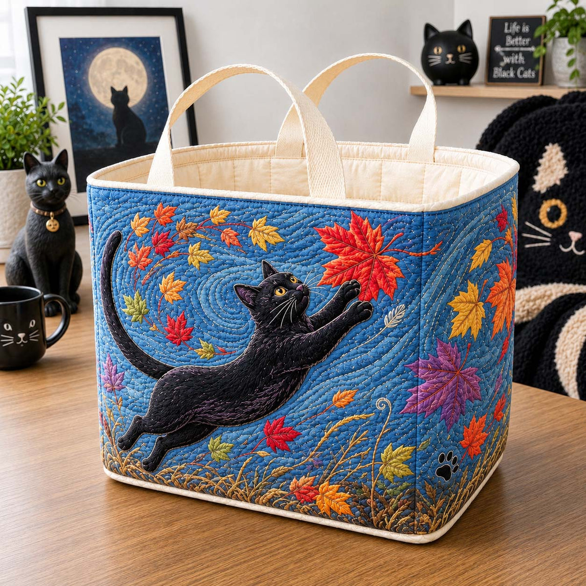Autumn Garden Cats Quilted Storage Basket