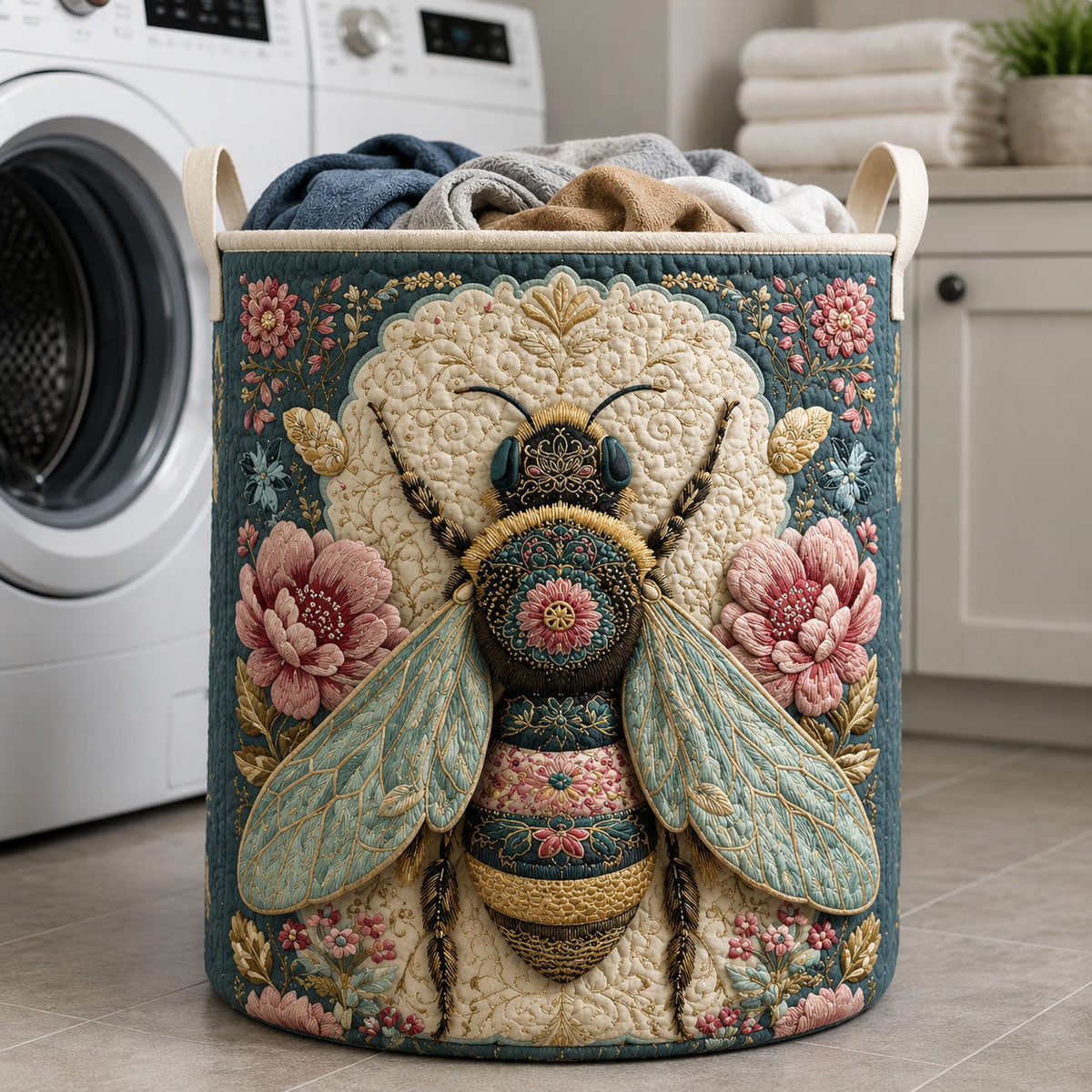 Botanical Bumblebee Quilted Laundry Basket