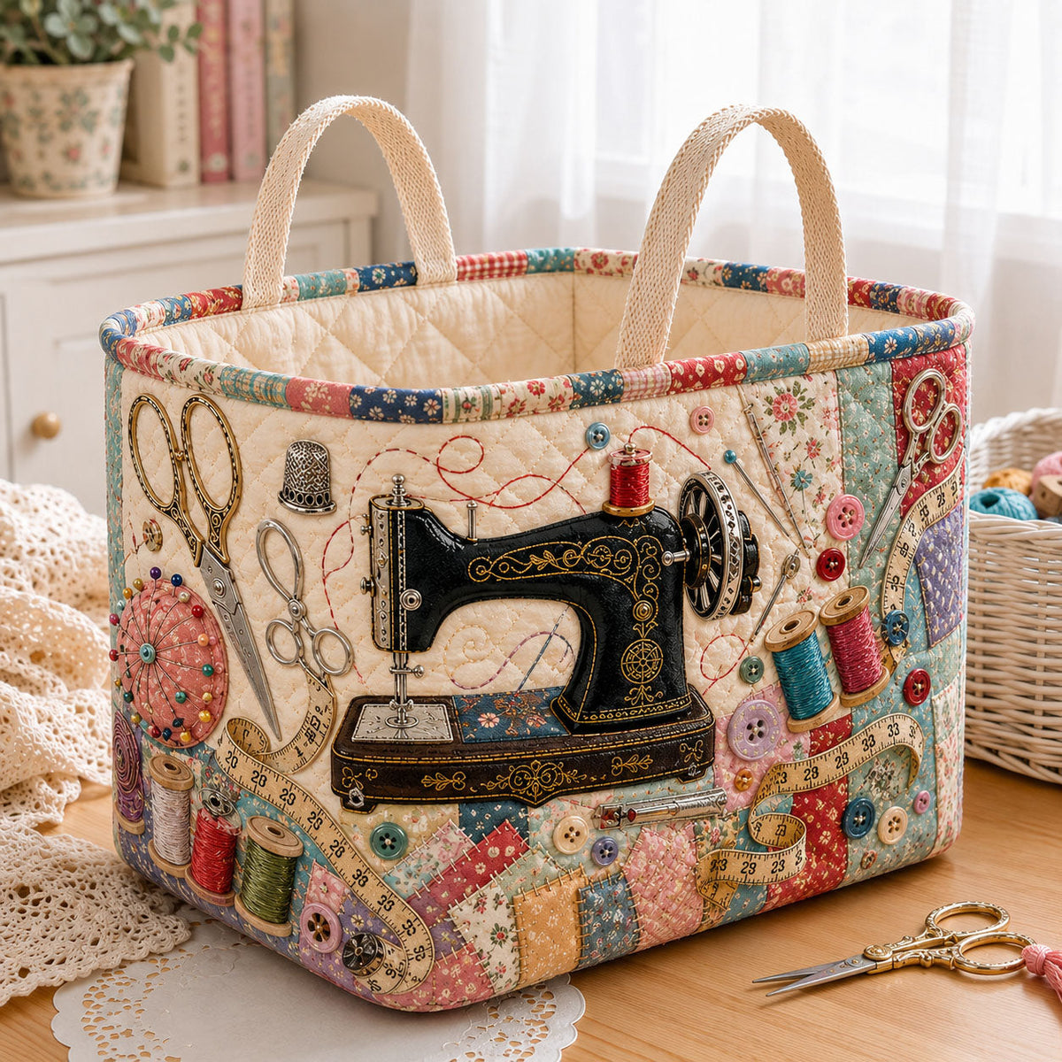 Vintage Sewing Treasures Quilted Storage Basket