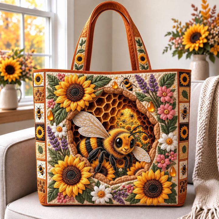 Sunflower Honey Bee Quilted Tote Bag