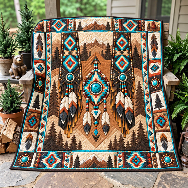 Turquoise Feather Dream Quilted Blanket
