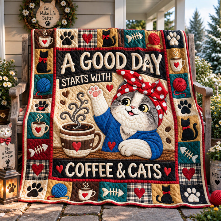 Coffee and Cats Quilted Blanket