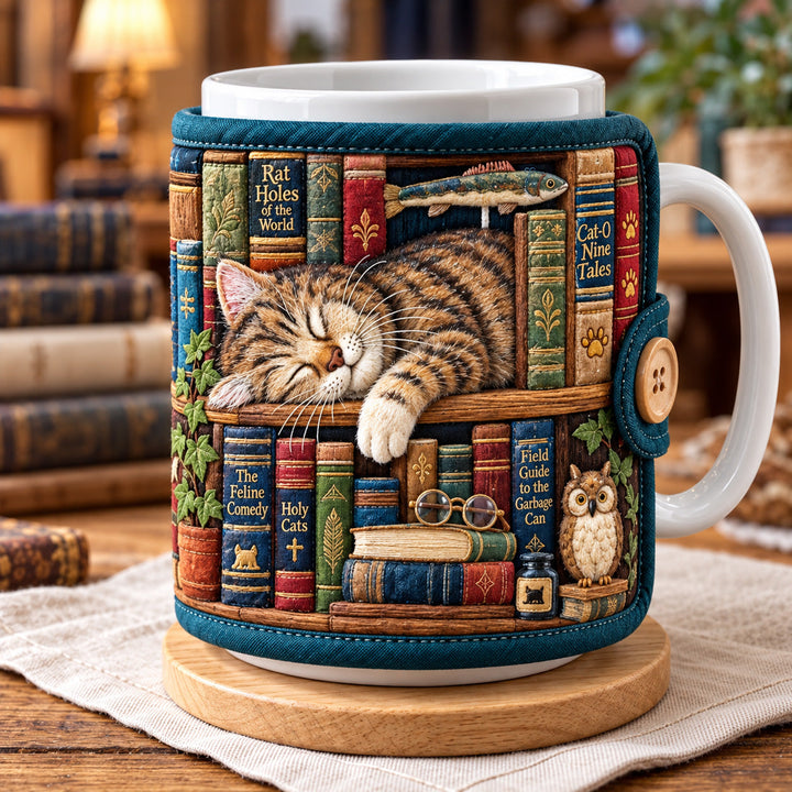 Cozy Library Cat Quilted Mug Cozy