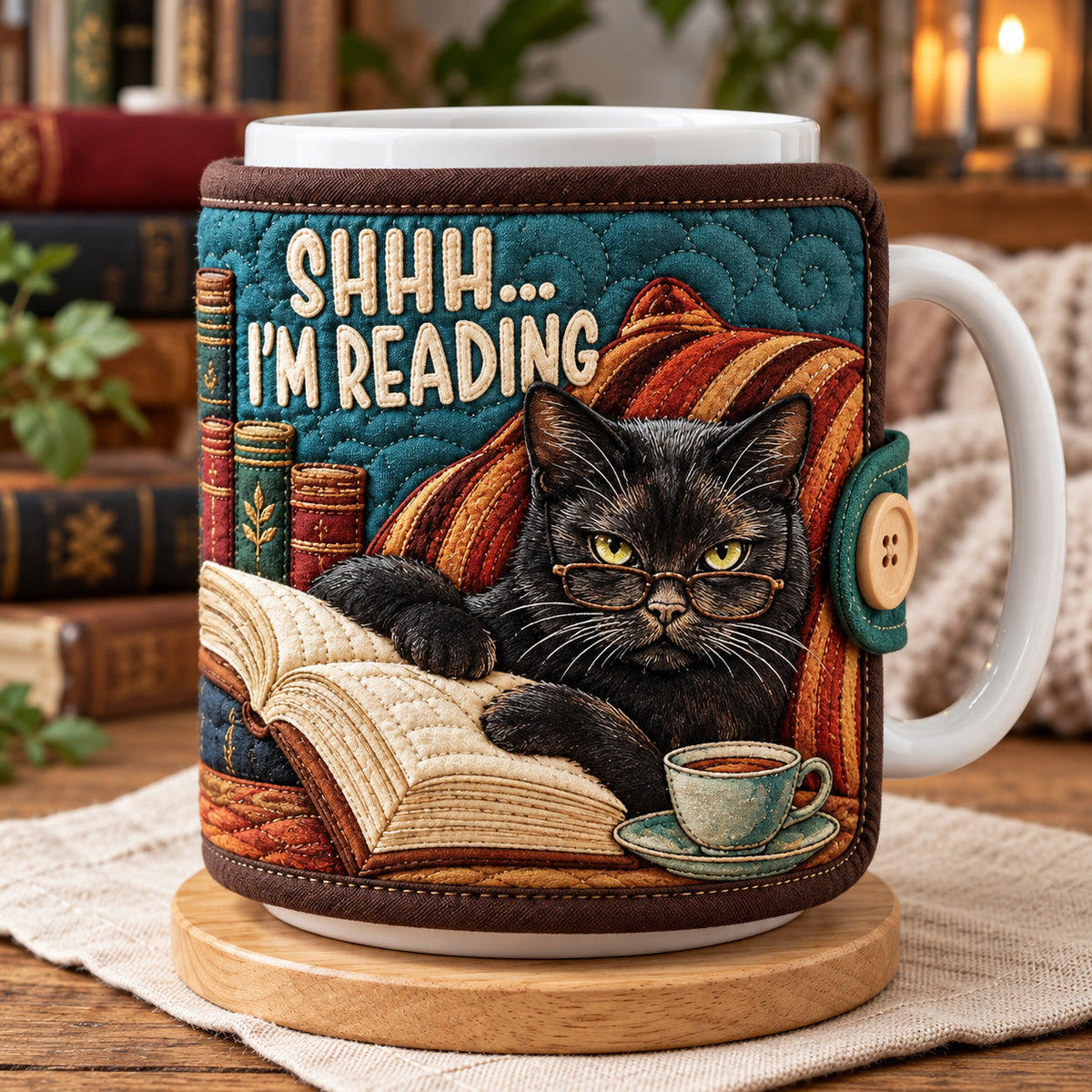 Shhh I'm Reading Cat Quilted Mug Cozy