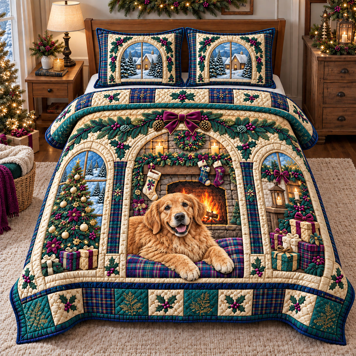 Winter Fireplace Golden Retriever 3-Piece Quilted Bedding Set