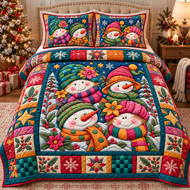 Colorful Snowman Friends 3-Piece Quilted Bedding Set