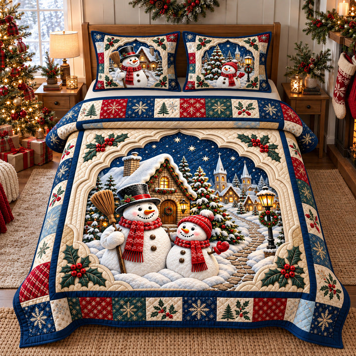 Snowman Christmas Village 3-Piece Quilted Bedding Set