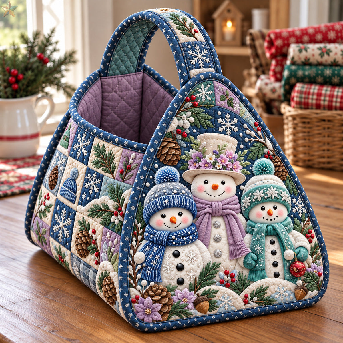 Snowman Winter Friends Christmas Quilted Basket