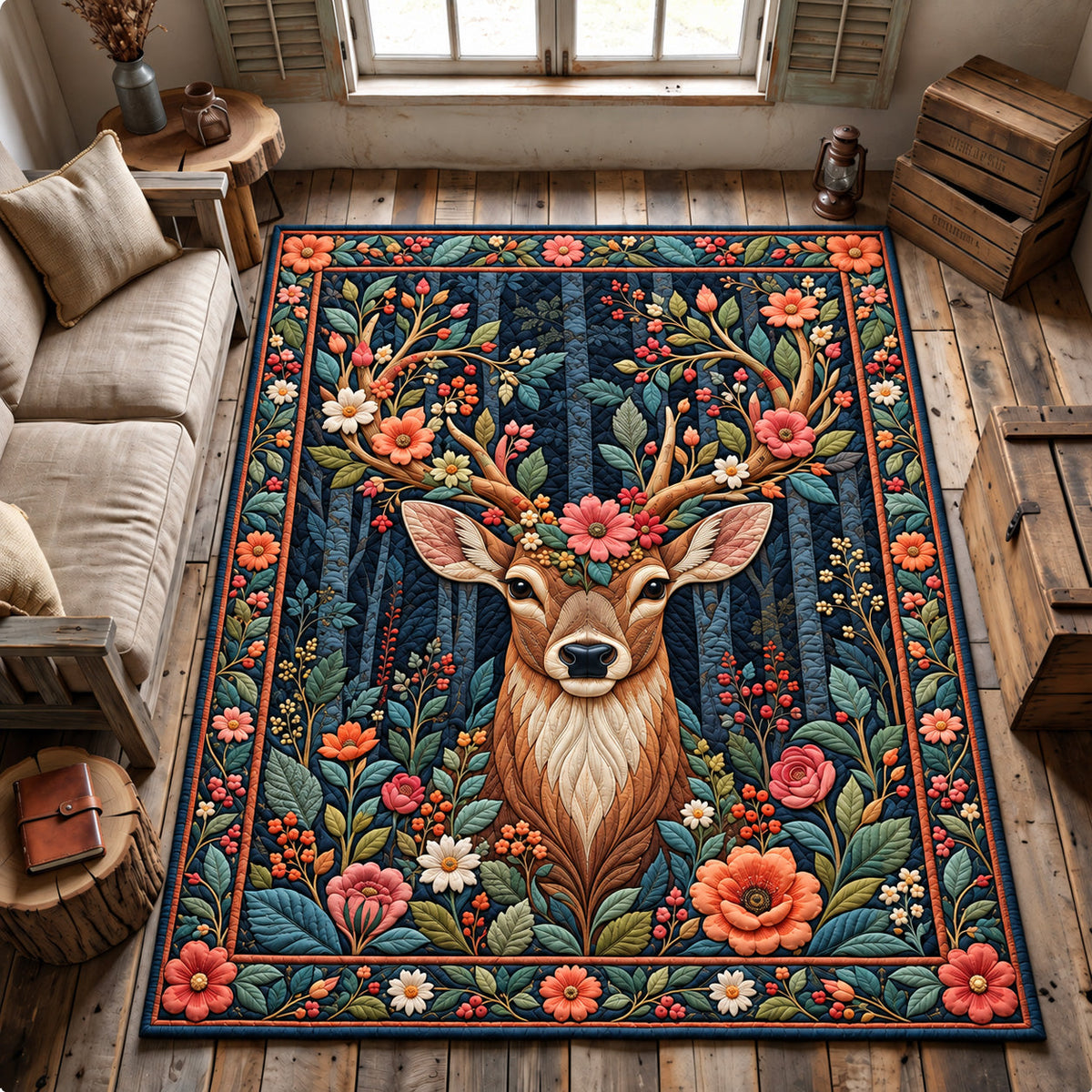 Floral Woodland Deer Area Rug