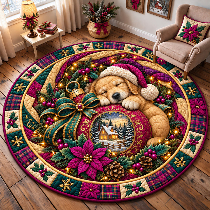 Sleeping Golden Retriever Christmas Round Quilted Rug