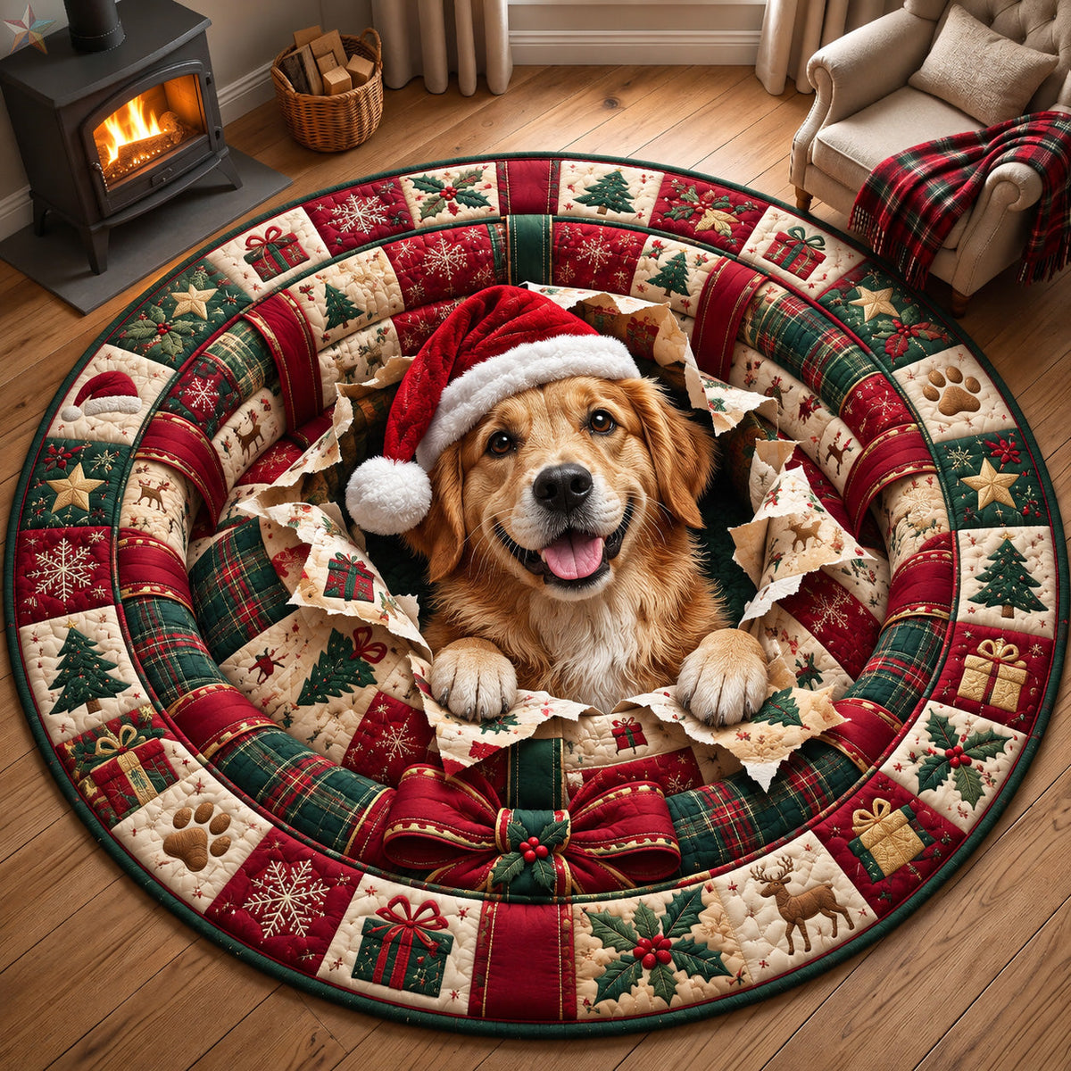 Golden Retriever Christmas Surprise Round Quilted Rug