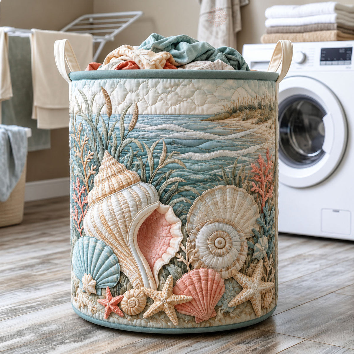 Seashell Shore Quilted Laundry Basket