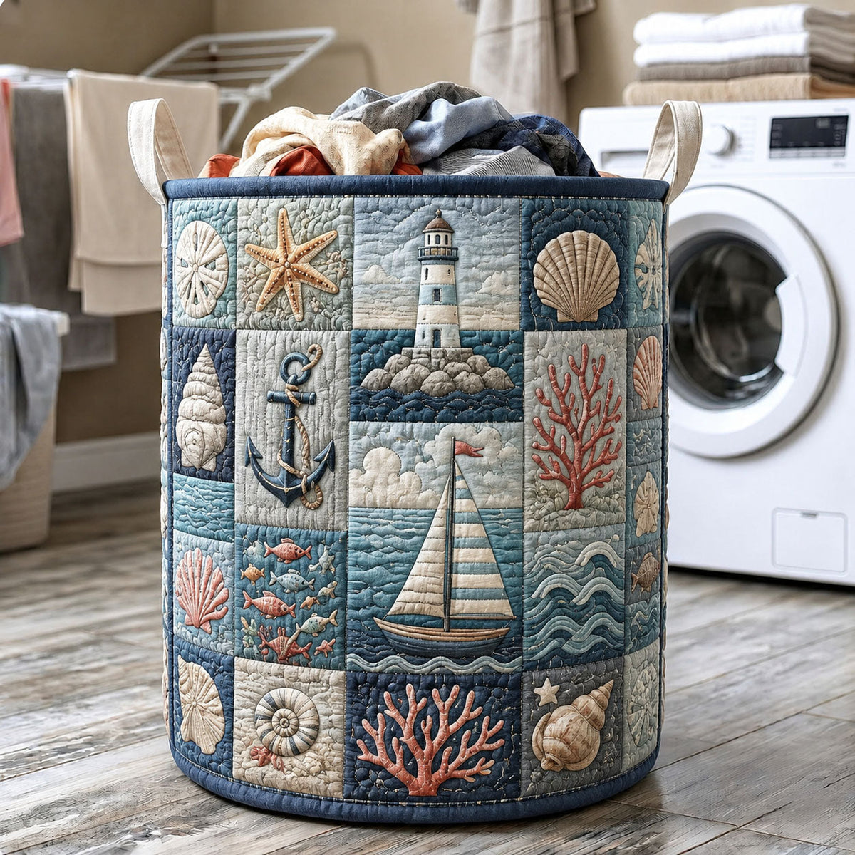 Coastal Patchwork Quilted Laundry Basket
