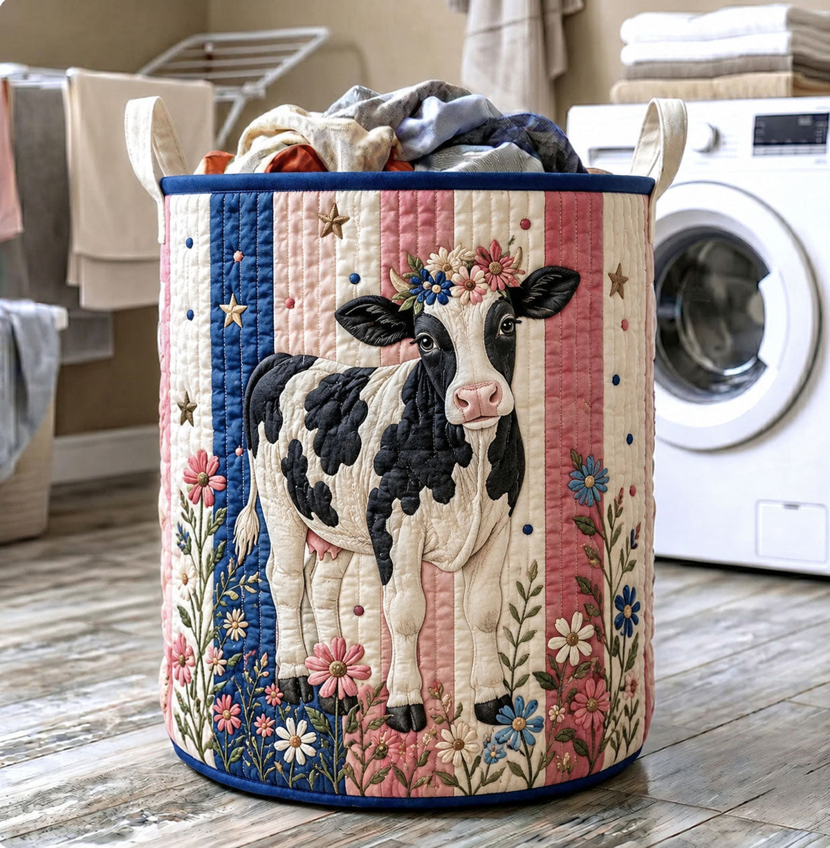 Floral Cow Quilted Laundry Basket