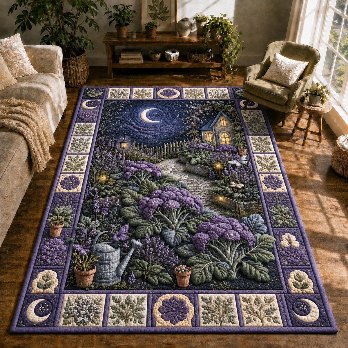 Moonlit Lavender Cottage Garden Area Rug