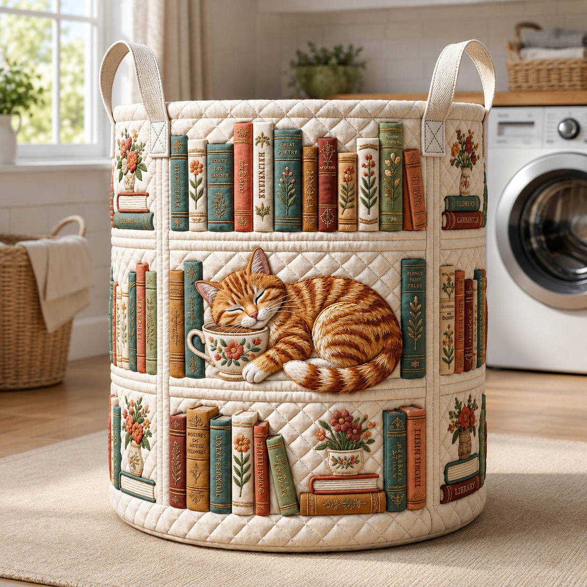 Bookshelf Cat Quilted Laundry Basket