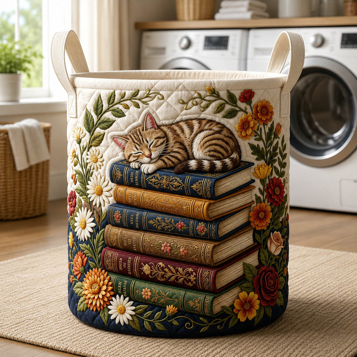 Sleeping Cat and Books Quilted Laundry Basket