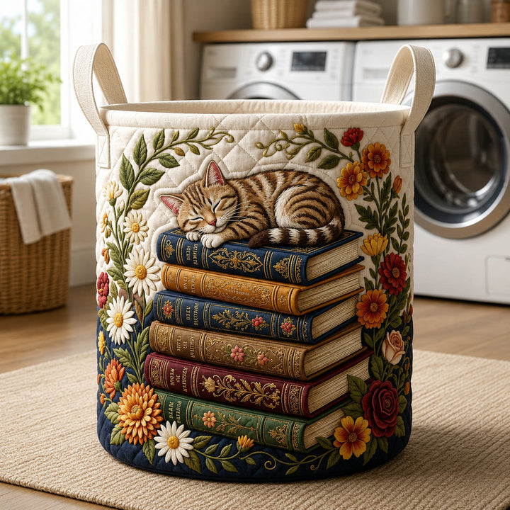 Sleeping Cat and Books Quilted Laundry Basket