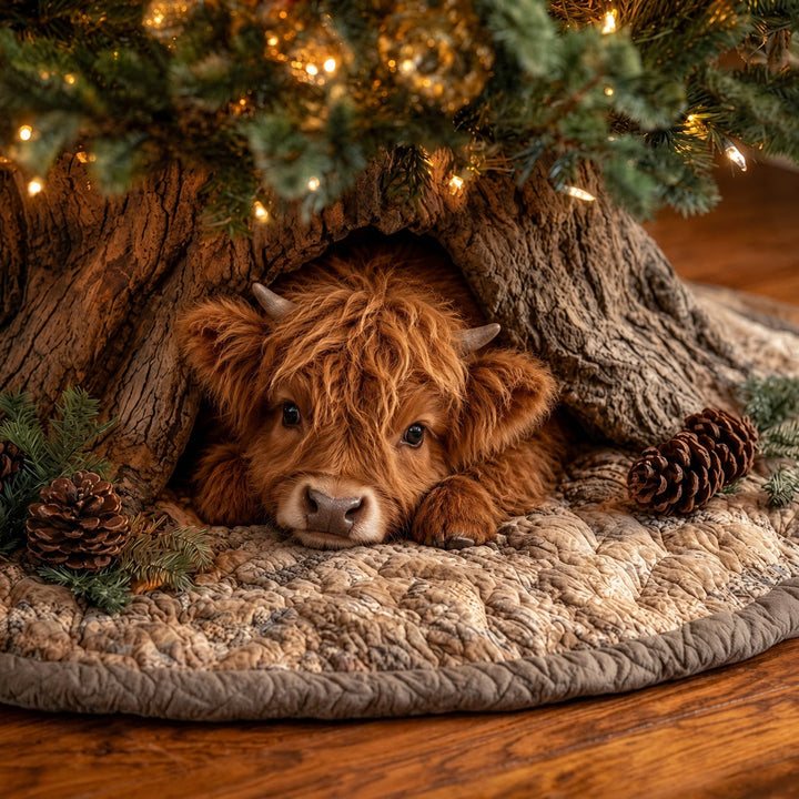 Highland Cow Den Quilted Christmas Tree Skirt