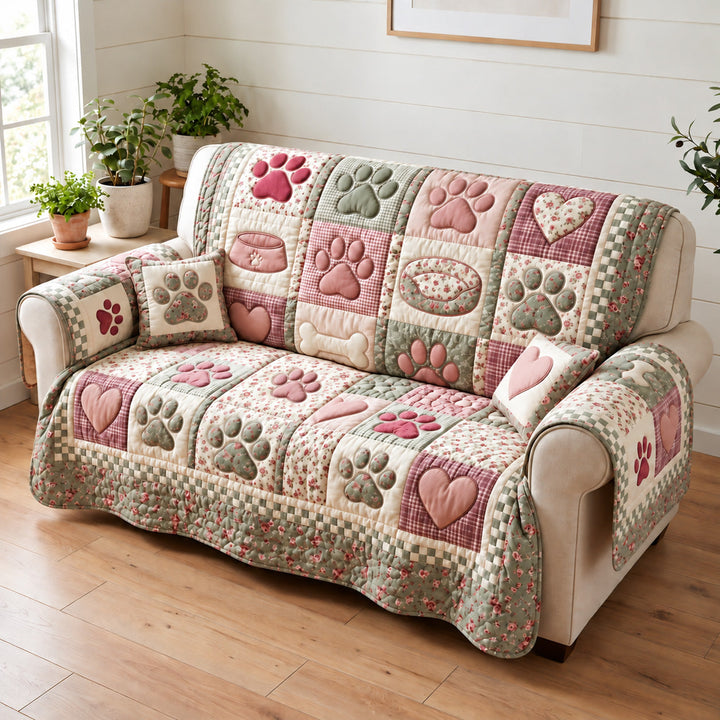 Pastel Paw Quilted Sofa Cover