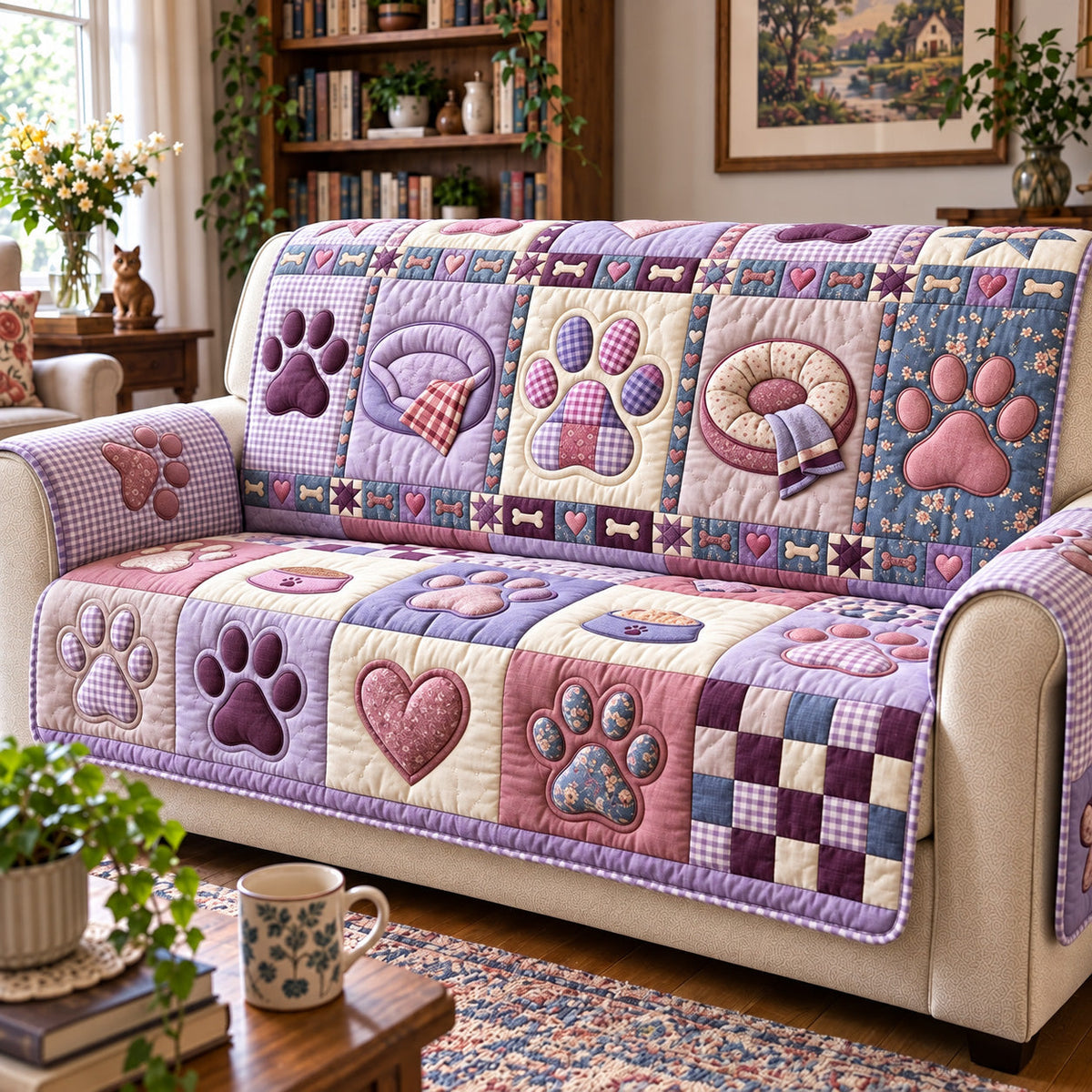 Lavender Paw Quilted Sofa Cover