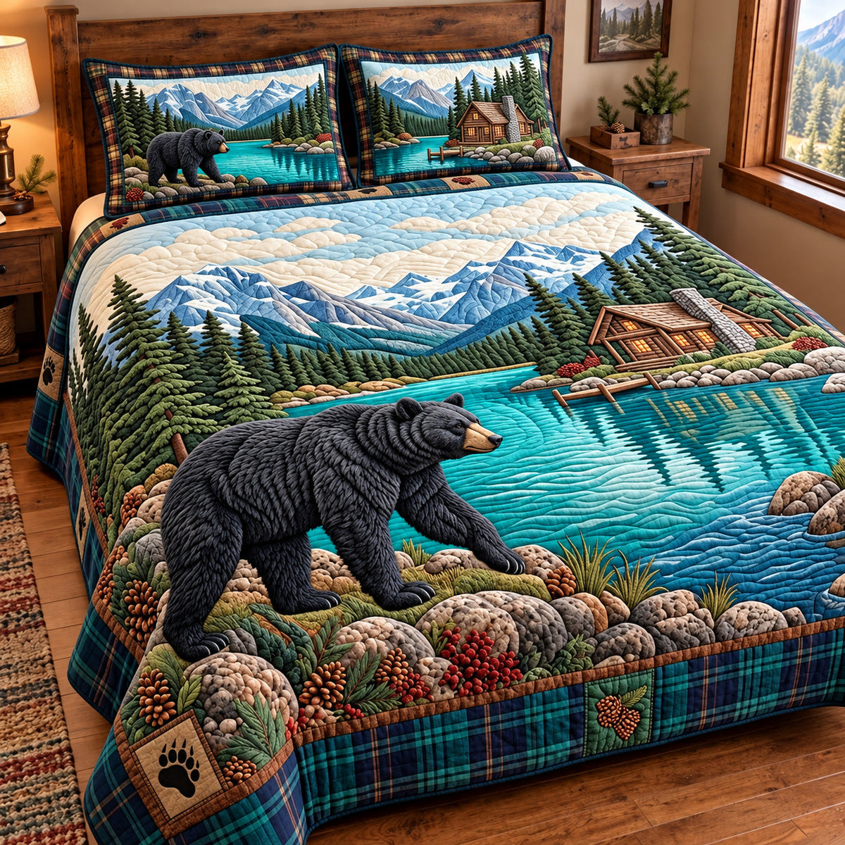Mountain Lake Bear 3-Piece Quilted Bedding Set