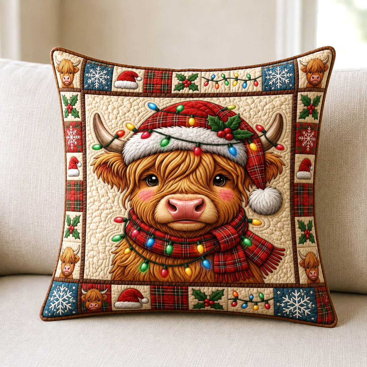 Christmas Highland Cow Quilted Pillow Case
