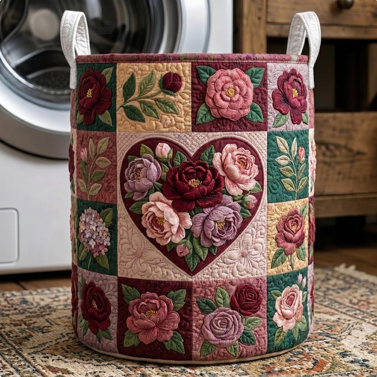 Flower Patchwork Quilted Laundry Basket