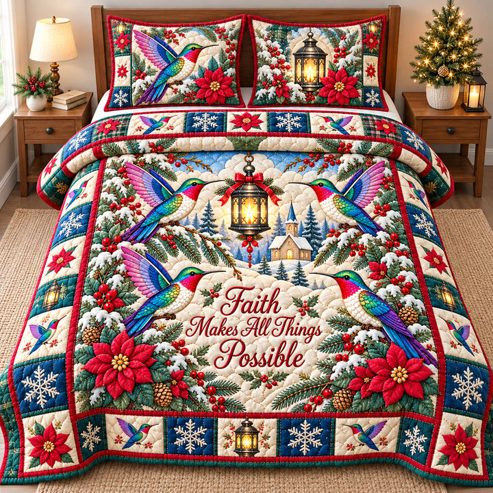 Winter Hummingbird Blossoms 3-Piece Quilted Bedding Set