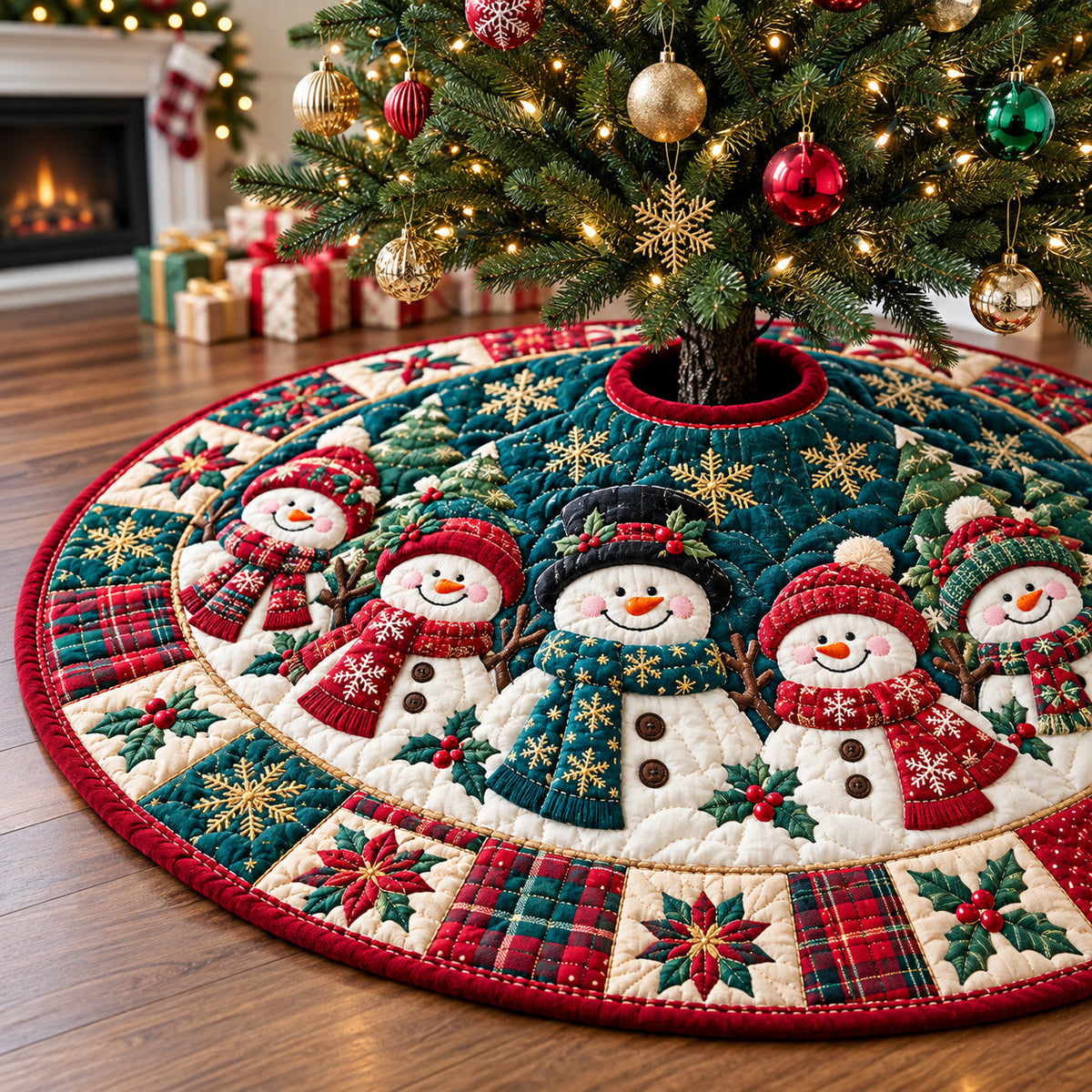Snowman Crystal Village Quilted Christmas Tree Skirt
