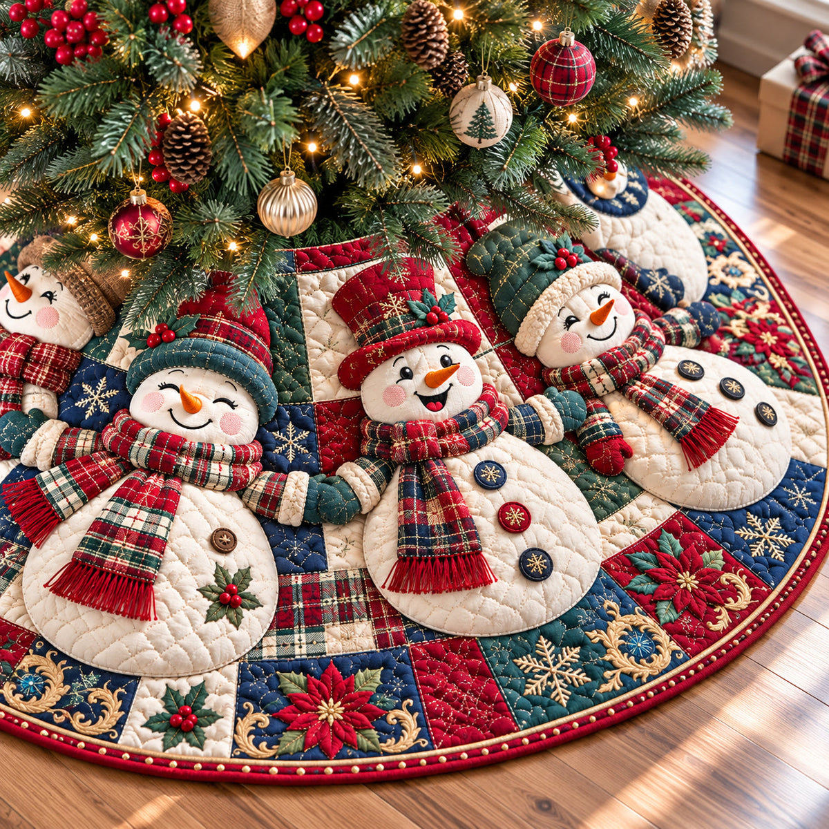 Snowman Snowflake Symphony Quilted Christmas Tree Skirt