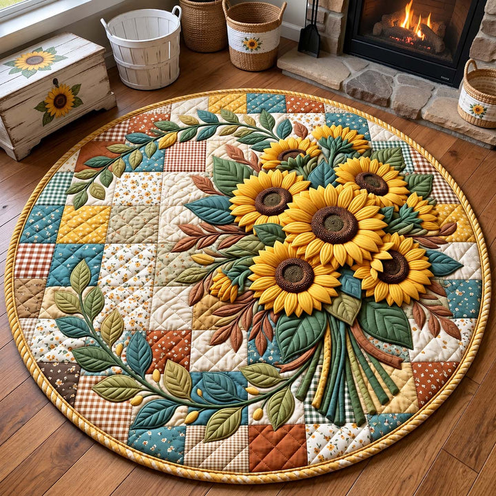 Country Sunflower Bouquet Round Quilted Rug