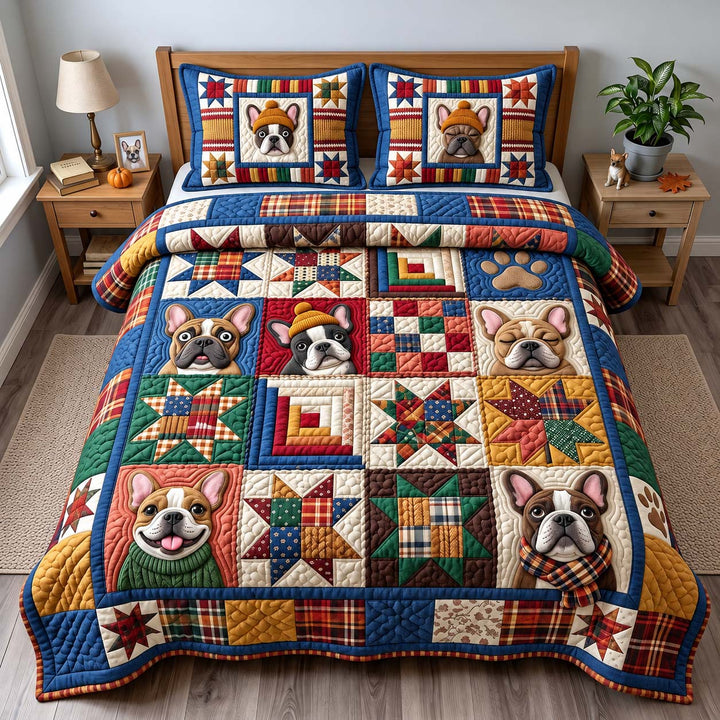 Frenchie Patchwork 3-Piece Quilted Bedding Set
