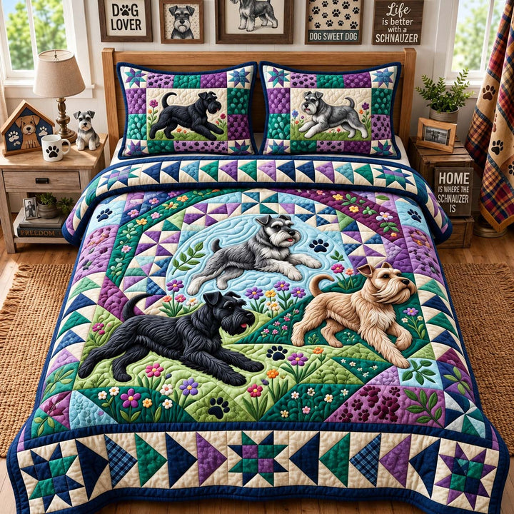 Schnauzer Garden Days 3-Piece Quilted Bedding Set