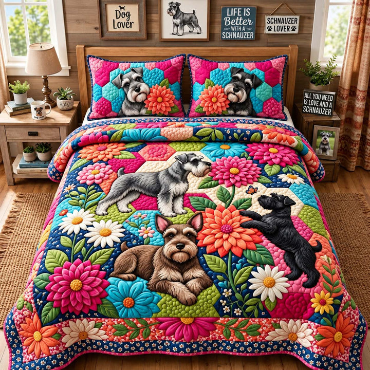 Blooming Schnauzers 3-Piece Quilted Bedding Set