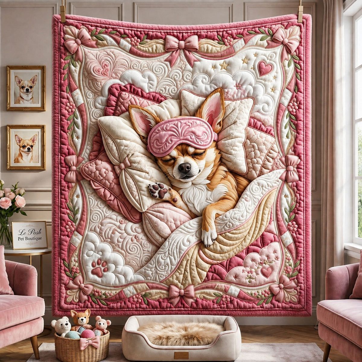 Pink Sleeping Chihuahua Quilted Blanket